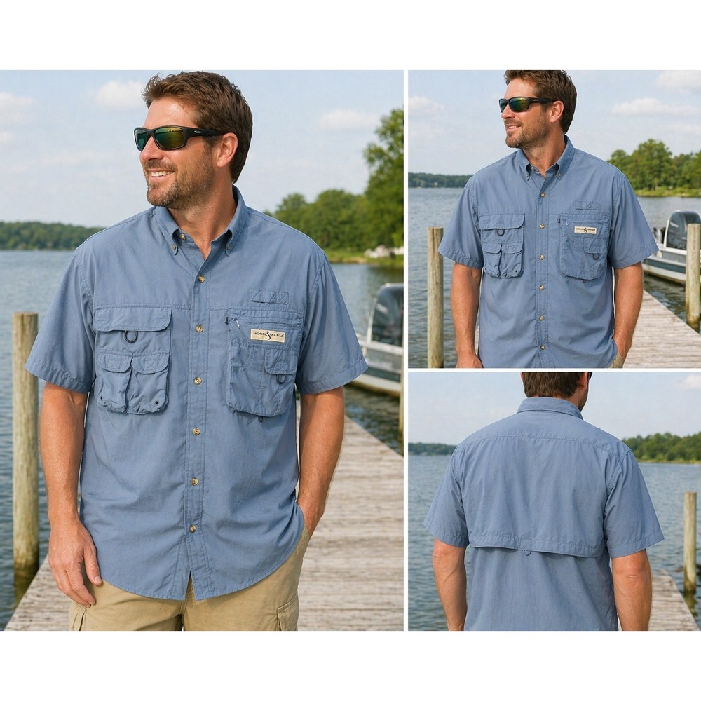 Hook & Tackle Outfitters Fishing Shirt Mens Large Blue Short Sleeve Vented Utili